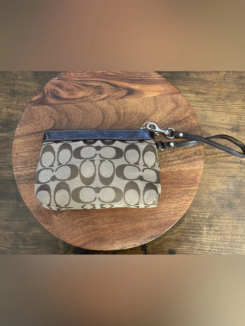COACH Brown & Tan Signature Jacquard Wristlet
